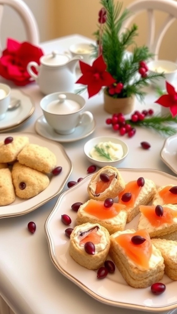 A festive Christmas tea party setup with scones and finger sandwiches on a decorated table.